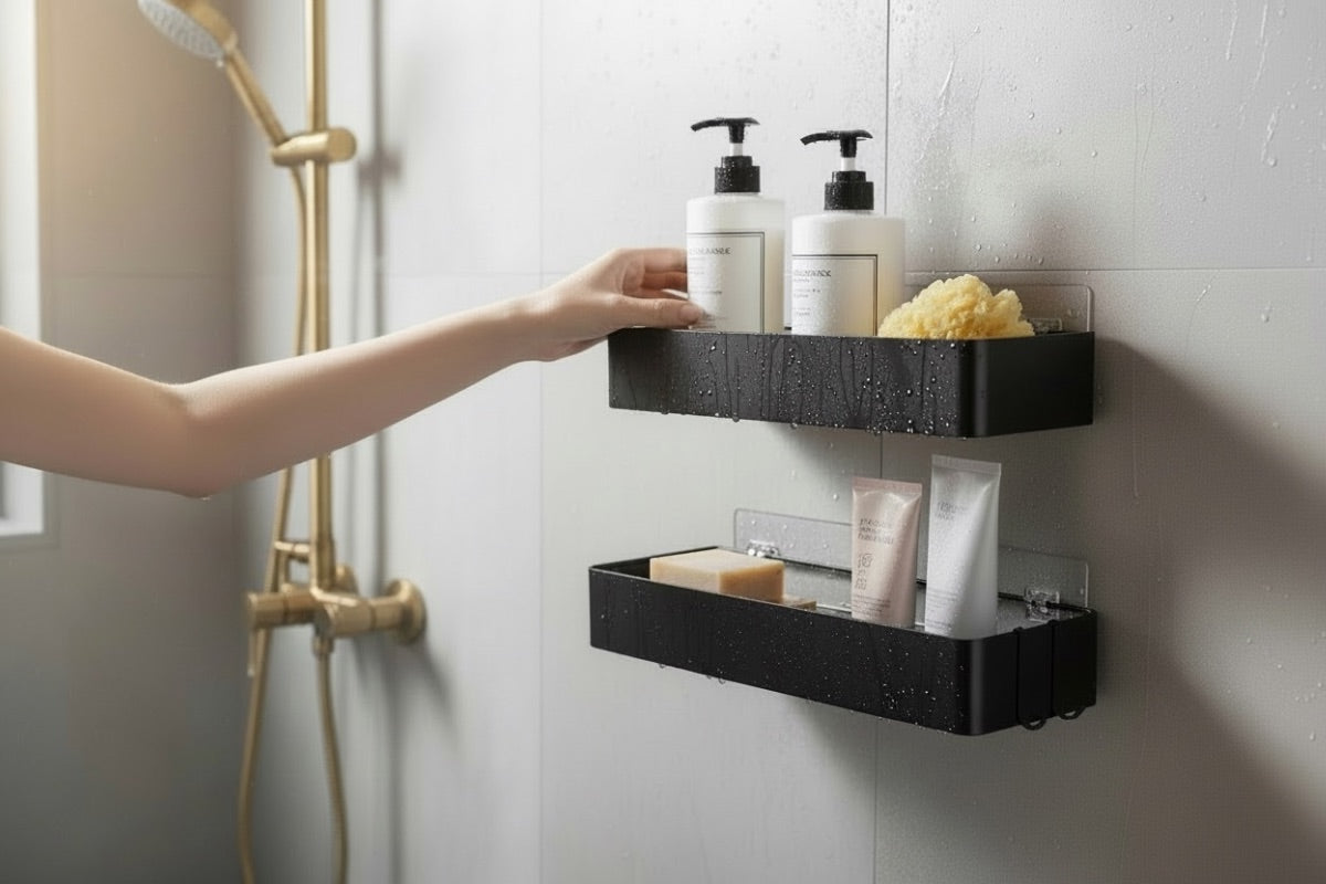 Duschablage ohne Bohren aus Edelstahl in Schwarz – 2er Set montiert in der Dusche mit Shampoo und Pflegeprodukten