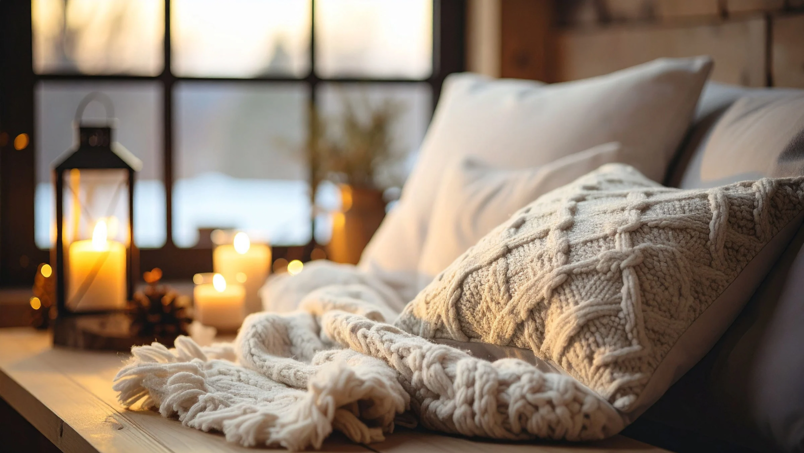 Laterne mit Kerzenlicht sorgt für gemütliche Wohnatmosphäre im Wohnzimmer