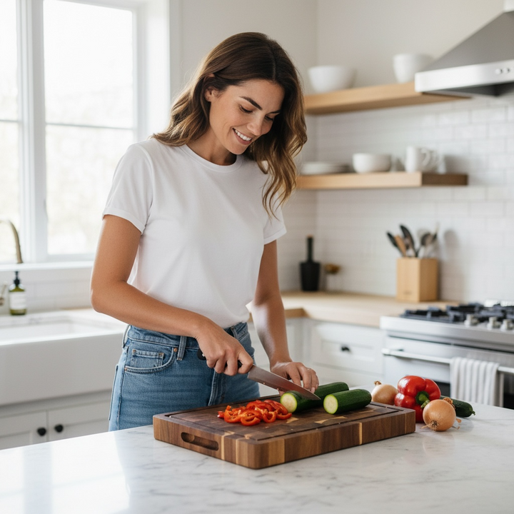 Akazie Stirnholz Schneidebrett – Endgrain Hackbrett mit Saftrille