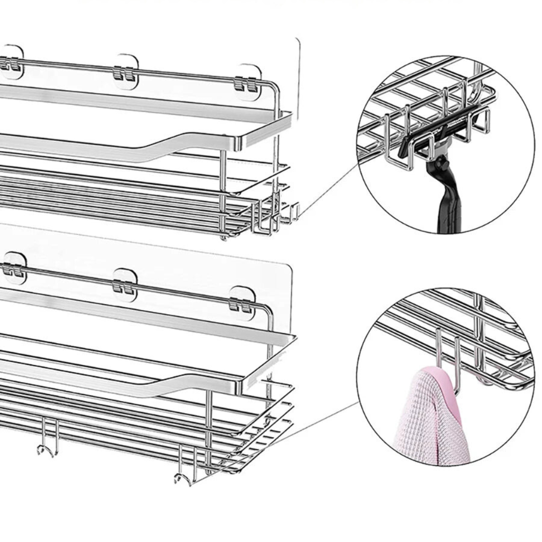 Duschregal ohne Bohren – 2er-Set aus Edelstahl mit 5 Haken