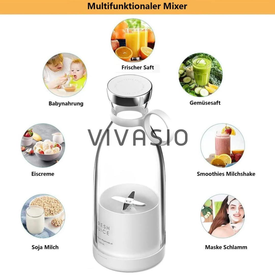 Fresh Juice Smoothie2Go – Tragbarer Smoothie Maker 350ml, 4 Klingen, USB aufladbar, Mini-Mixer für unterwegs