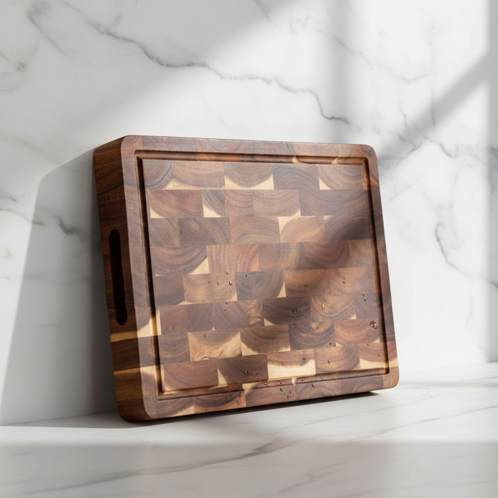 Akazie Stirnholz Schneidebrett – Endgrain Hackbrett mit Saftrille