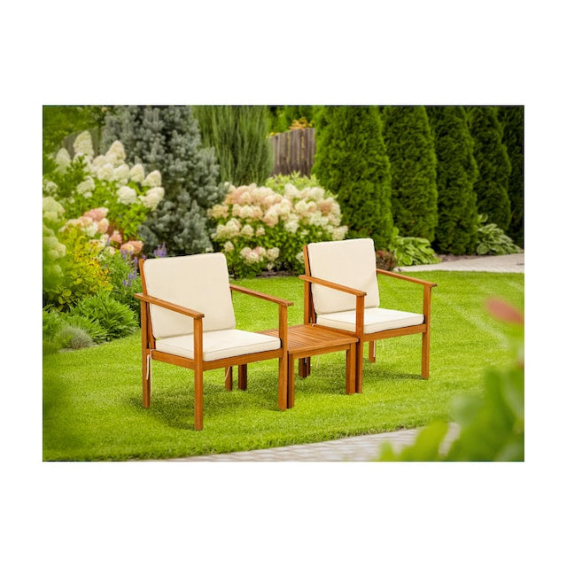 COCON Loungeset Vevey – 2 Sitzplätze, Braun/Weiss, FSC®-Akazienholz, inkl. Tisch & Kissen