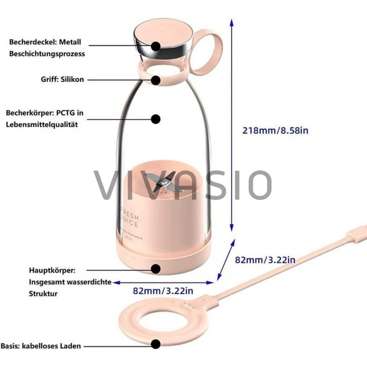 Fresh Juice Smoothie2Go – Tragbarer Smoothie Maker 350ml, 4 Klingen, USB aufladbar, Mini-Mixer für unterwegs