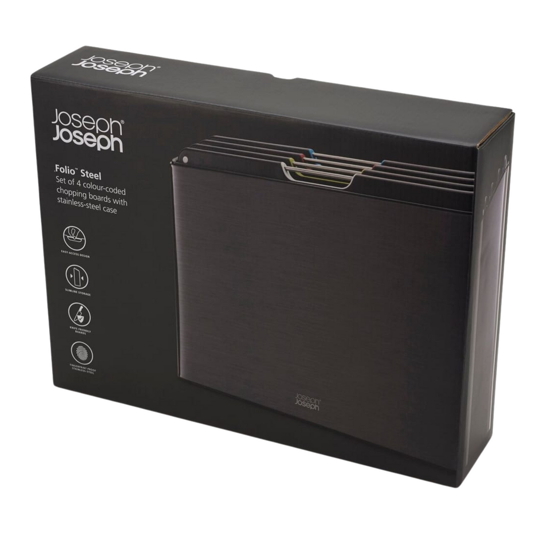Joseph Joseph Schneidebrett-Set Folio Steel – 4-teilig, Edelstahlcase