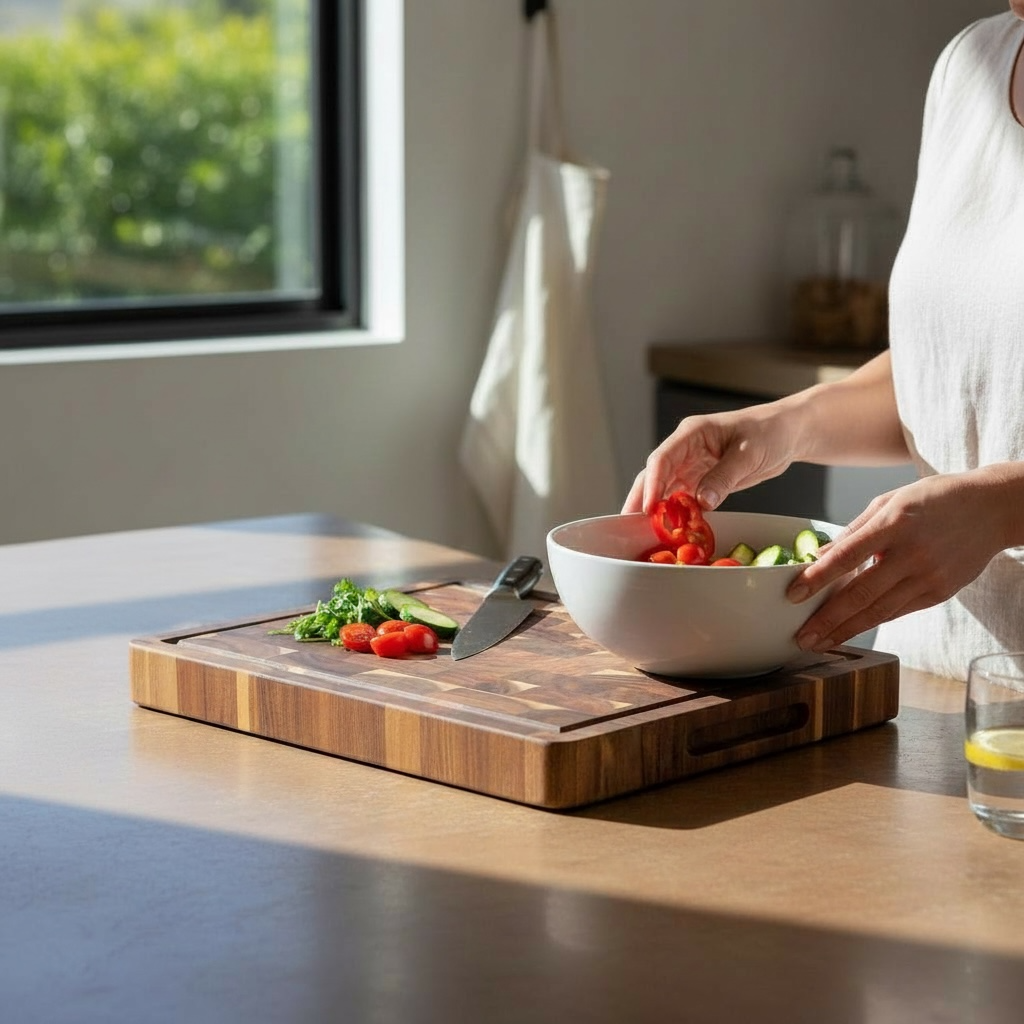 Akazie Stirnholz Schneidebrett – Endgrain Hackbrett mit Saftrille