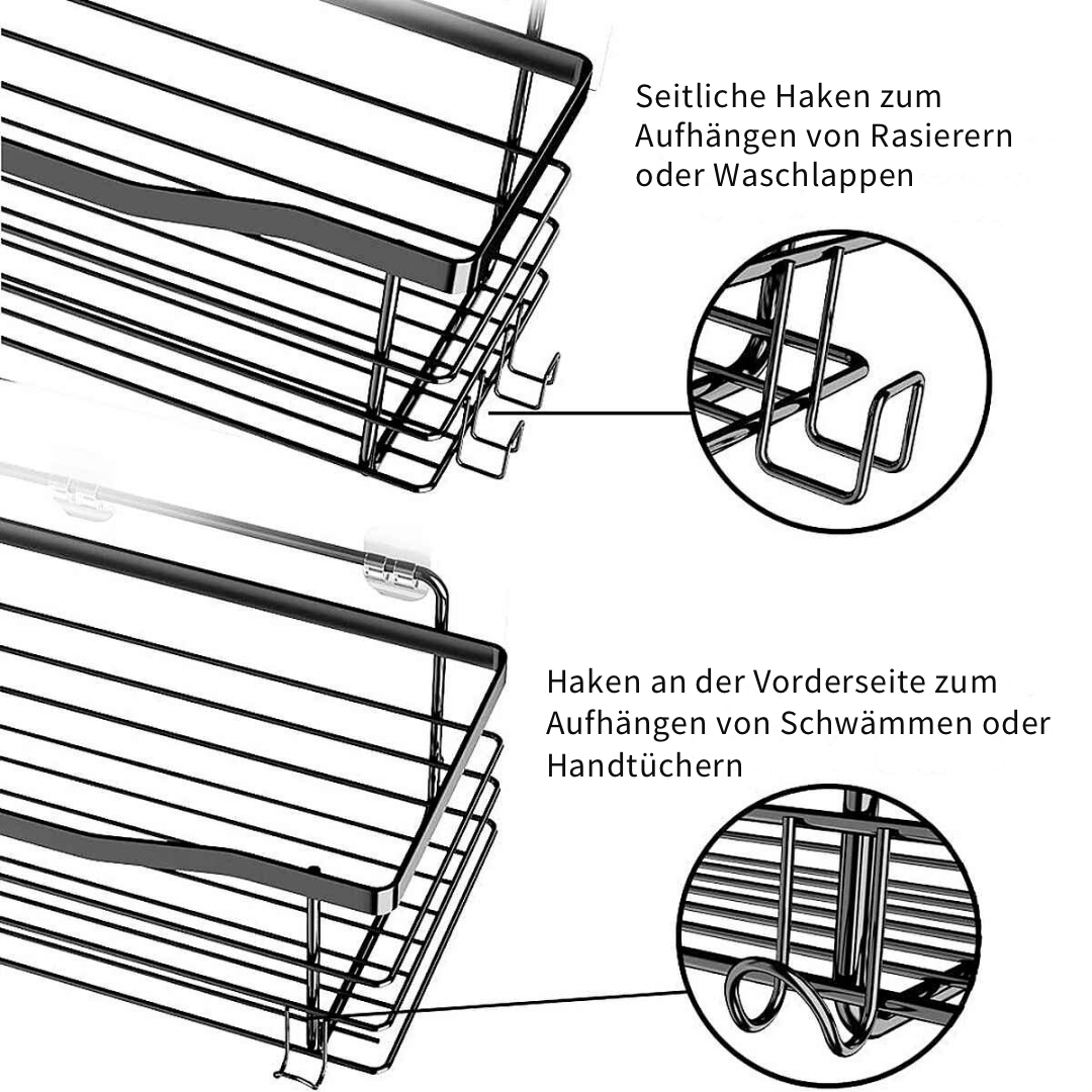 Duschregal ohne Bohren – 2er-Set aus Edelstahl mit 5 Haken