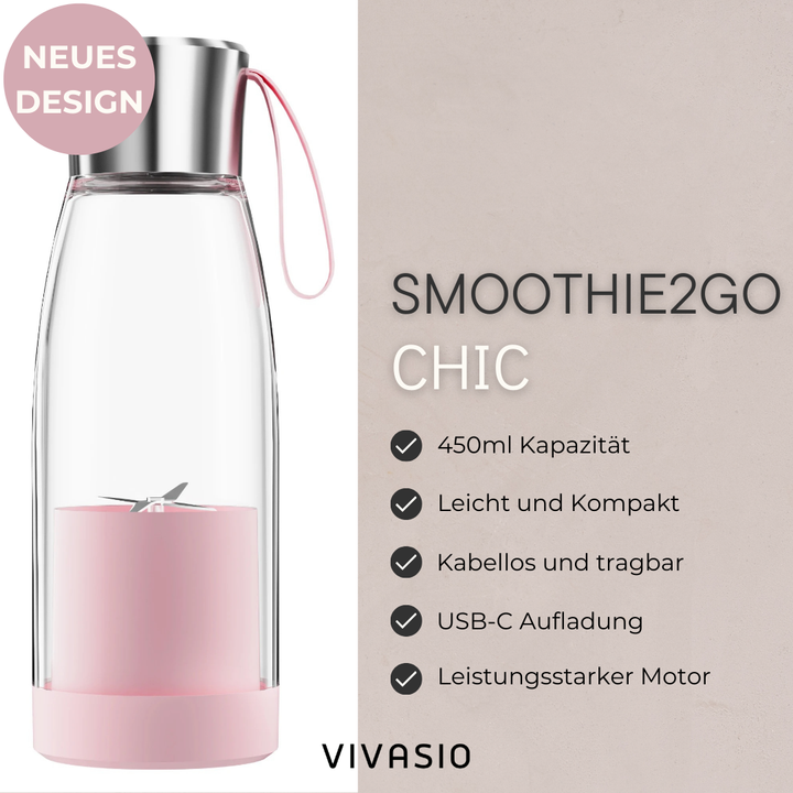 Fresh Juice Smoothie2Go Chic – Tragbarer Smoothie Maker 450ml, 4 Klingen, USB-C aufladbar, Mini-Mixer für unterwegs