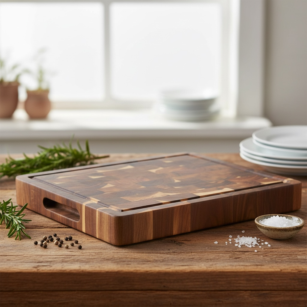 Akazie Stirnholz Schneidebrett – Endgrain Hackbrett mit Saftrille