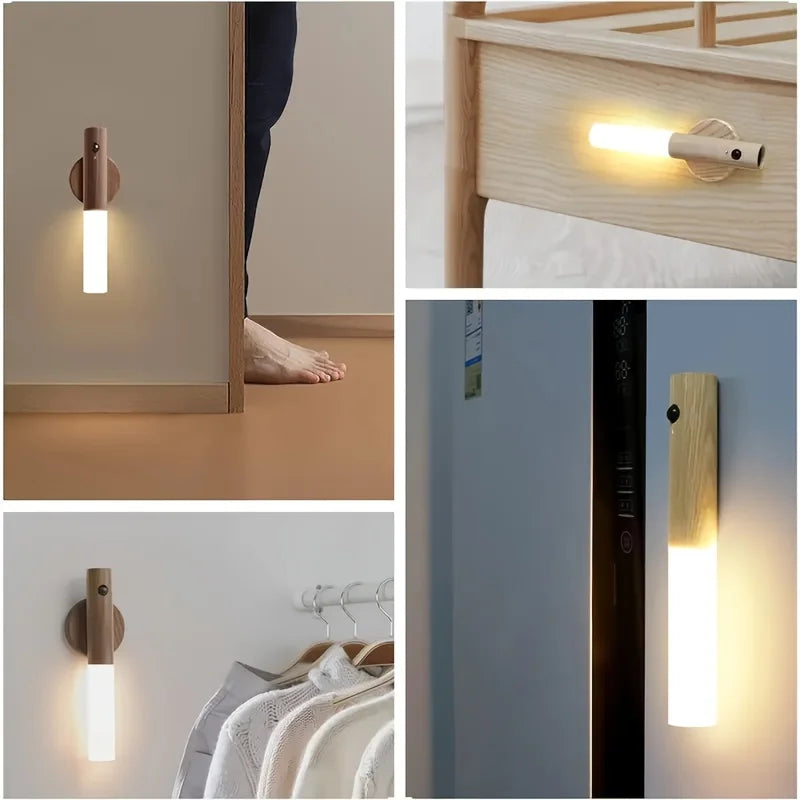 Magnetische LED-Wandleuchte mit Bewegungsmelder – Abnehmbar, USB-Aufladung & Holzoptik