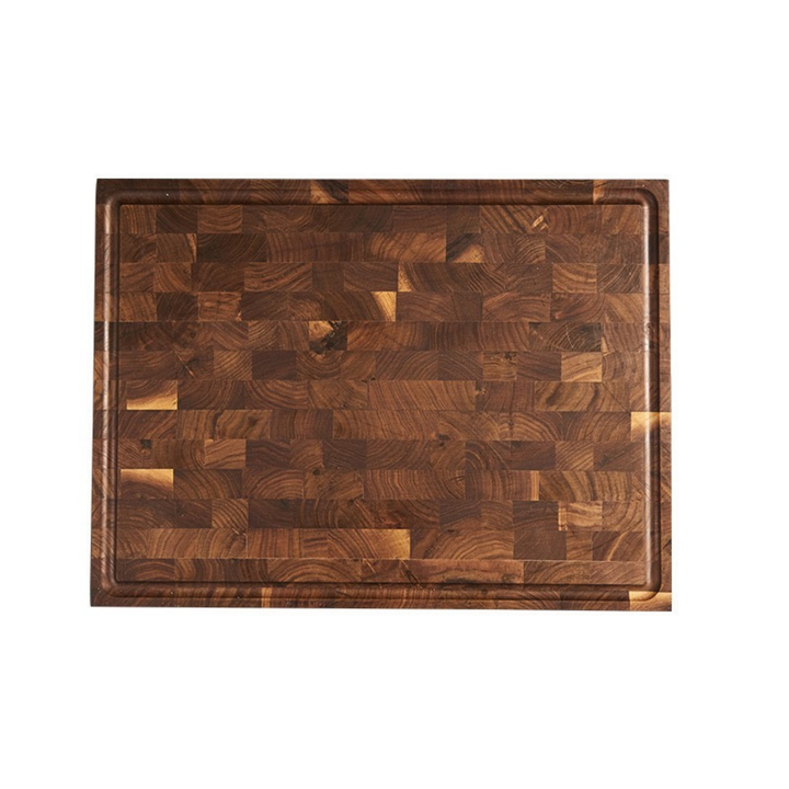 Akazie Stirnholz Schneidebrett 43x33 cm Endgrain Hackbrett massiv aus Holz freigestellt auf weissem Hintergrund