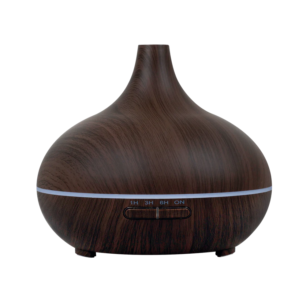 Aroma Diffuser in dunkler Holzoptik mit LED-Lichtring und Ultraschall-Vernebelung – freigestellte Frontansicht