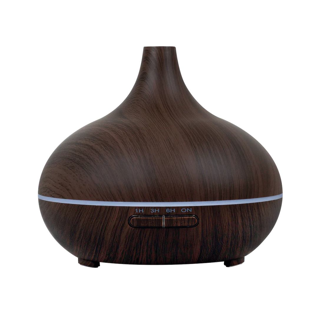 Aroma Diffuser in dunkler Holzoptik mit LED-Lichtring und Ultraschall-Vernebelung – freigestellte Frontansicht