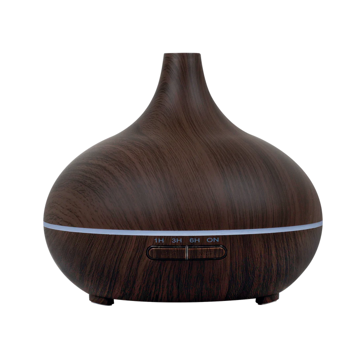 Aroma Diffuser in dunkler Holzoptik mit LED-Lichtring und Ultraschall-Vernebelung – freigestellte Frontansicht