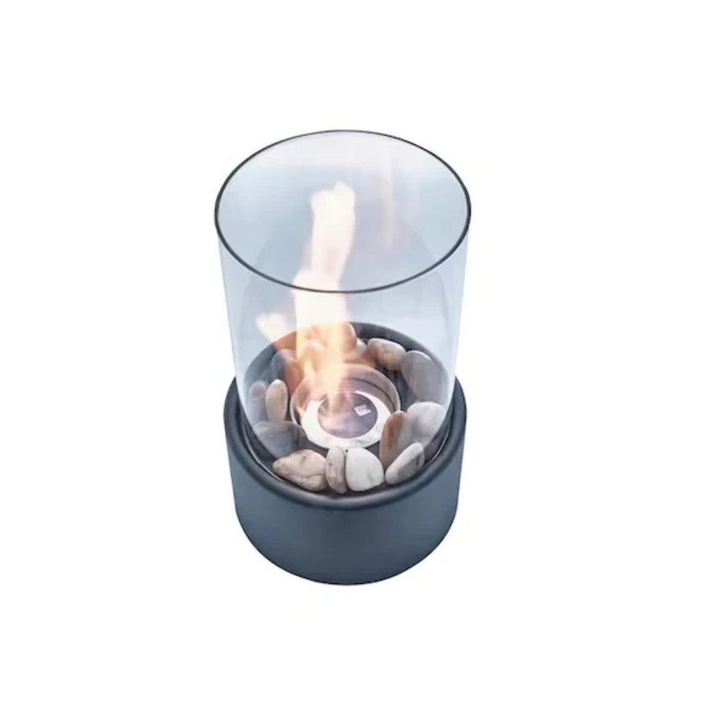 Cheminée de table au bioéthanol avec cylindre en verre, brûleur et galets décoratifs, vue de dessus