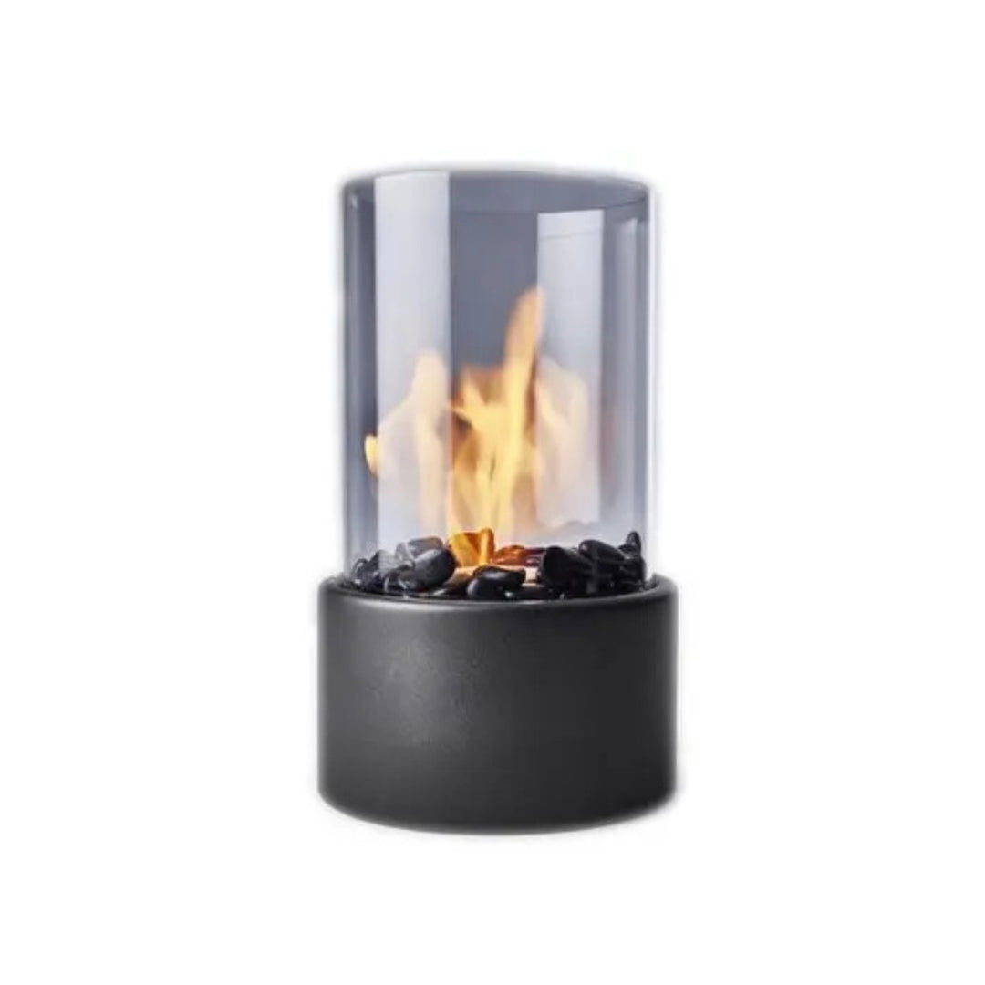 Cheminée de table au bioéthanol avec cylindre en verre et flamme, vue de face