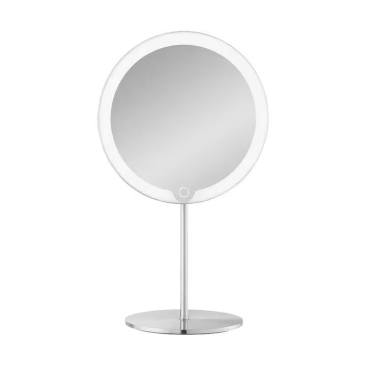 Blomus Kosmetikspiegel LED MODO 5-fach in Silber matt mit LED Ring, von vorne auf Standfuss