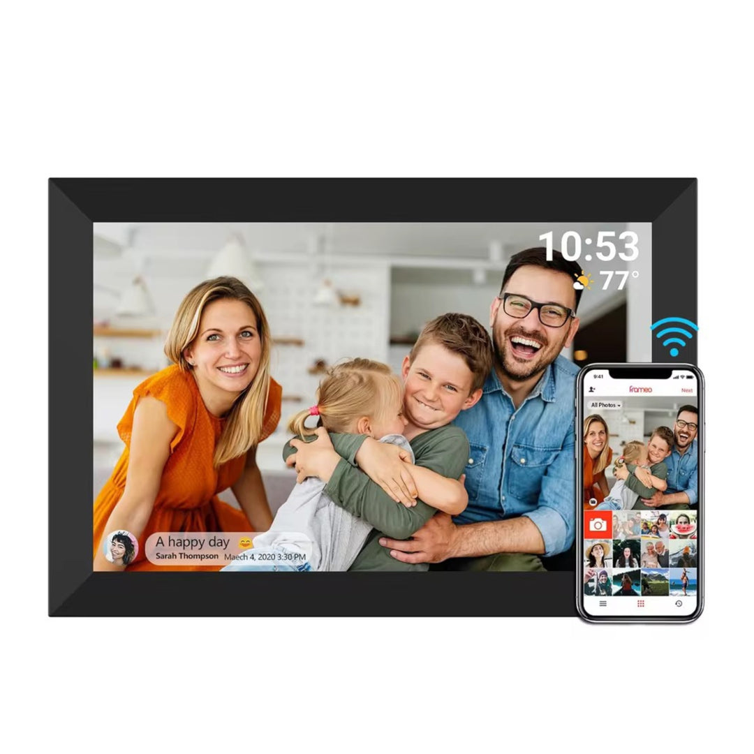 Cadre photo numérique Frameo 10,1 pouces, noir, vue de face avec smartphone