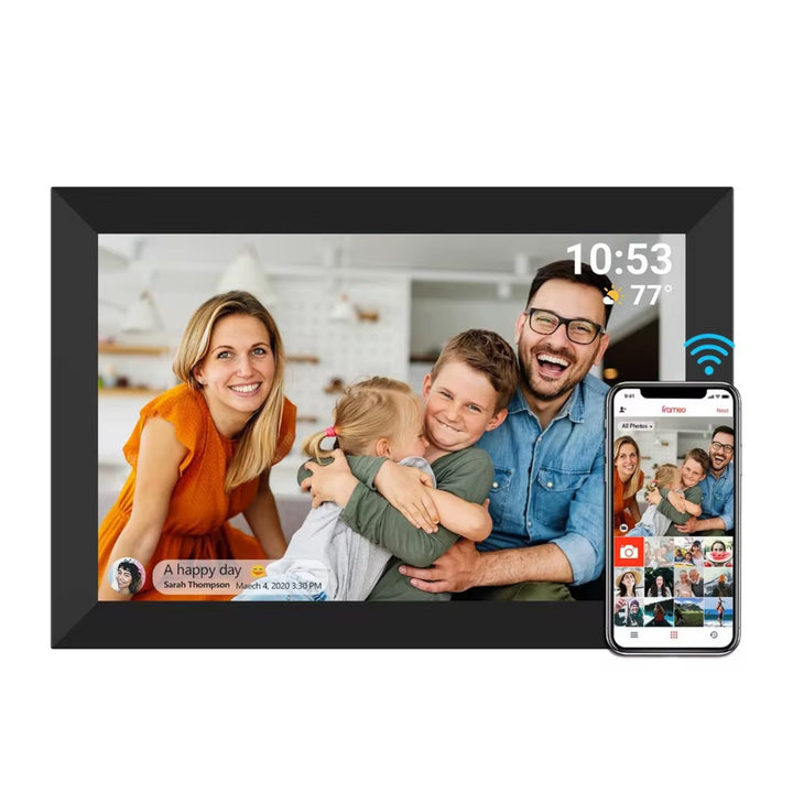 Cadre photo numérique Frameo 10,1 pouces, noir, vue de face avec smartphone