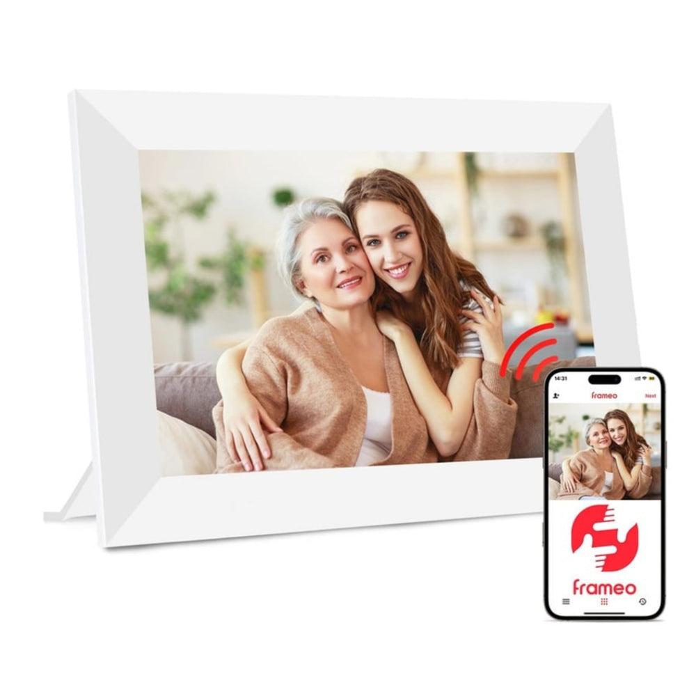 Cadre photo numérique Frameo 10,1 pouces, blanc, avec smartphone
