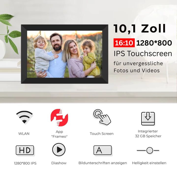 Cadre photo numérique Frameo noir avec pictogrammes Wi-Fi, app et écran tactile
