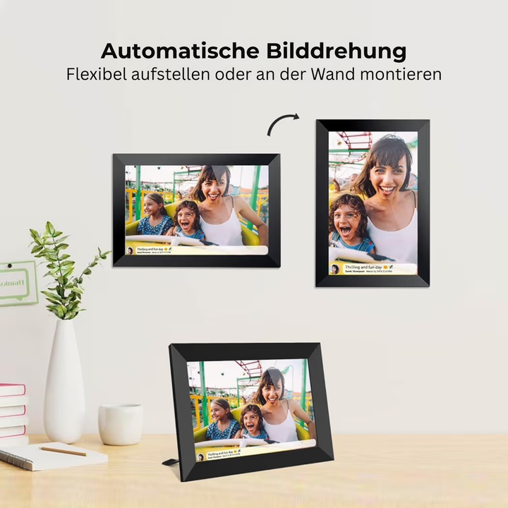 Cadre photo numérique Frameo noir, à l'horizontale et à la verticale au mur et sur la table