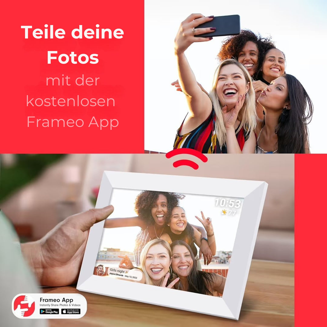 Cadre photo numérique Frameo blanc tenu en main, visuel publicitaire de l'app Frameo
