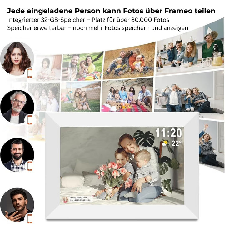 Cadre photo numérique Frameo blanc devant un collage de photos de famille