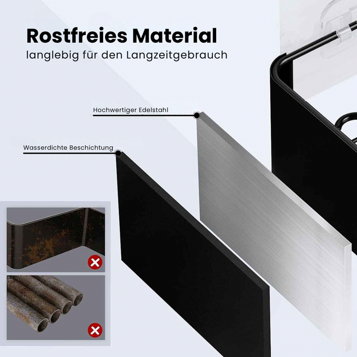 Vergleich des hochwertigen rostfreien Edelstahlmaterials einer Duschablage ohne Bohren