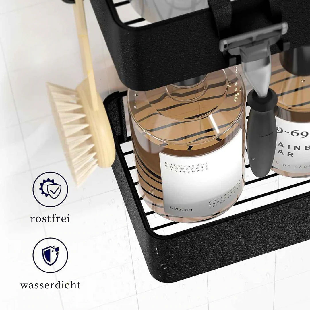 Detailaufnahme einer rostfreien und wasserdichten Edelstahl-Duschablage ohne Bohren im Badezimmer