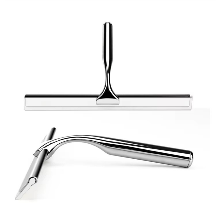 Raclette de douche en acier inoxydable, argent, vue de face et de côté