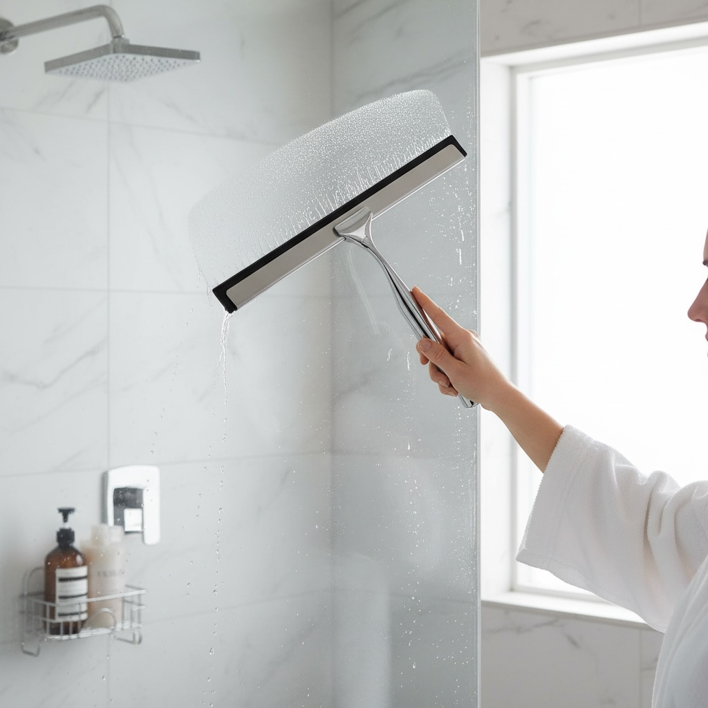 Raclette de douche en acier inoxydable, argent, utilisée sur la paroi vitrée de la douche