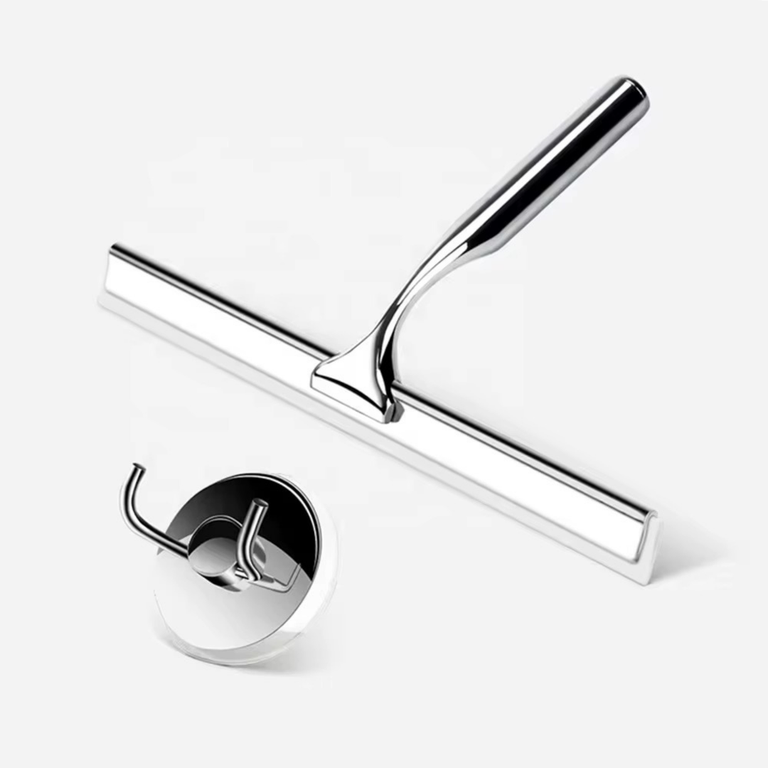 Raclette de douche en acier inoxydable, argent, avec crochet à ventouse