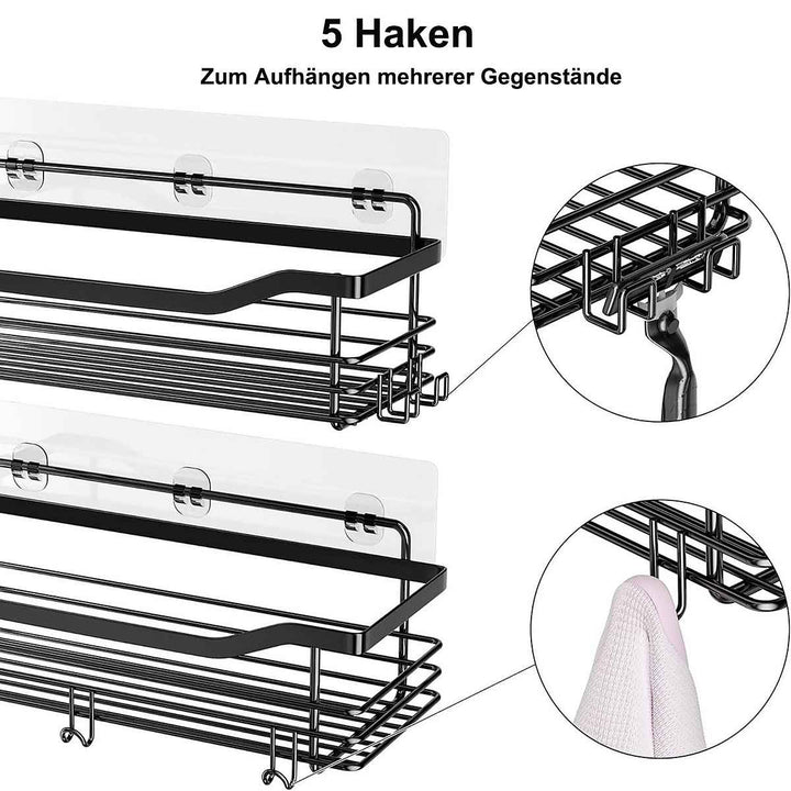 Duschregal ohne Bohren mit 5 Haken für Shampoo, Rasierer und Zubehör – mehr Ordnung im Badezimmer