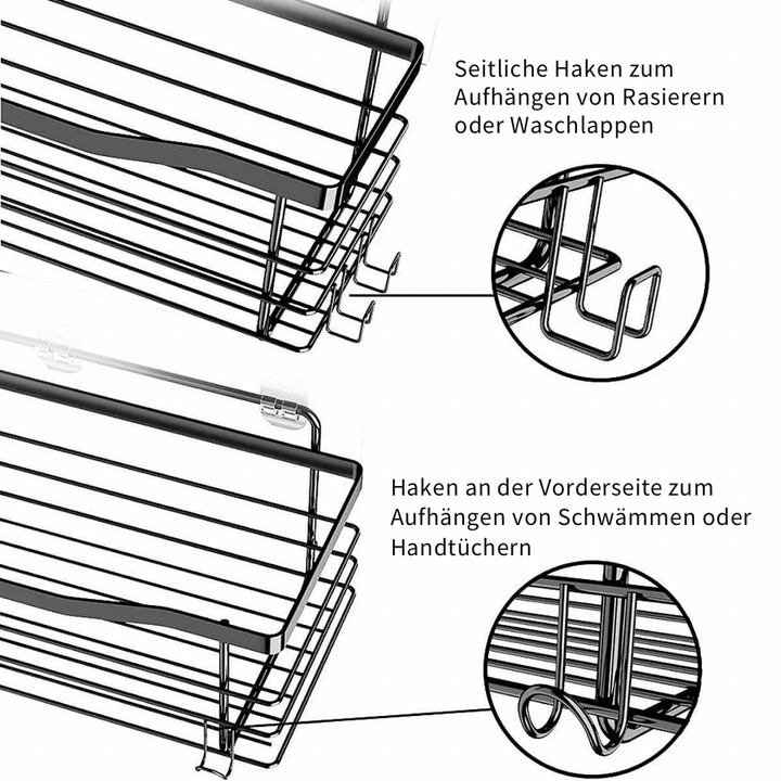 Duschregal ohne Bohren mit Haken und Aufhängung für Rasierer, Schwämme und Handtücher – Edelstahl Badregal Detail