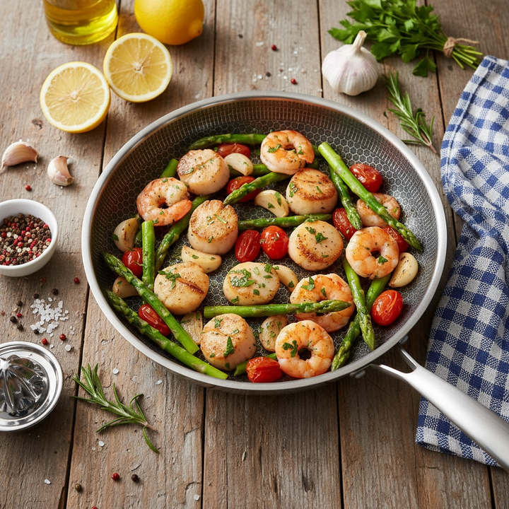 Garnelen und Gemüse in Edelstahl Antihaft Bratpfanne mit Wabenstruktur
