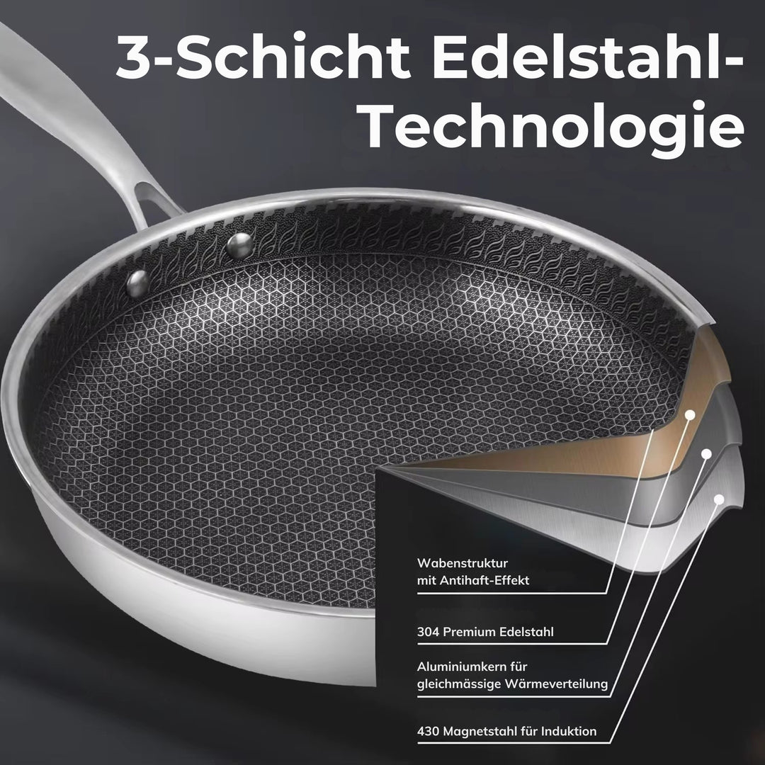Edelstahl Bratpfanne mit Wabenstruktur und 3-Schicht Edelstahl-Technologie für gleichmässige Wärmeverteilung