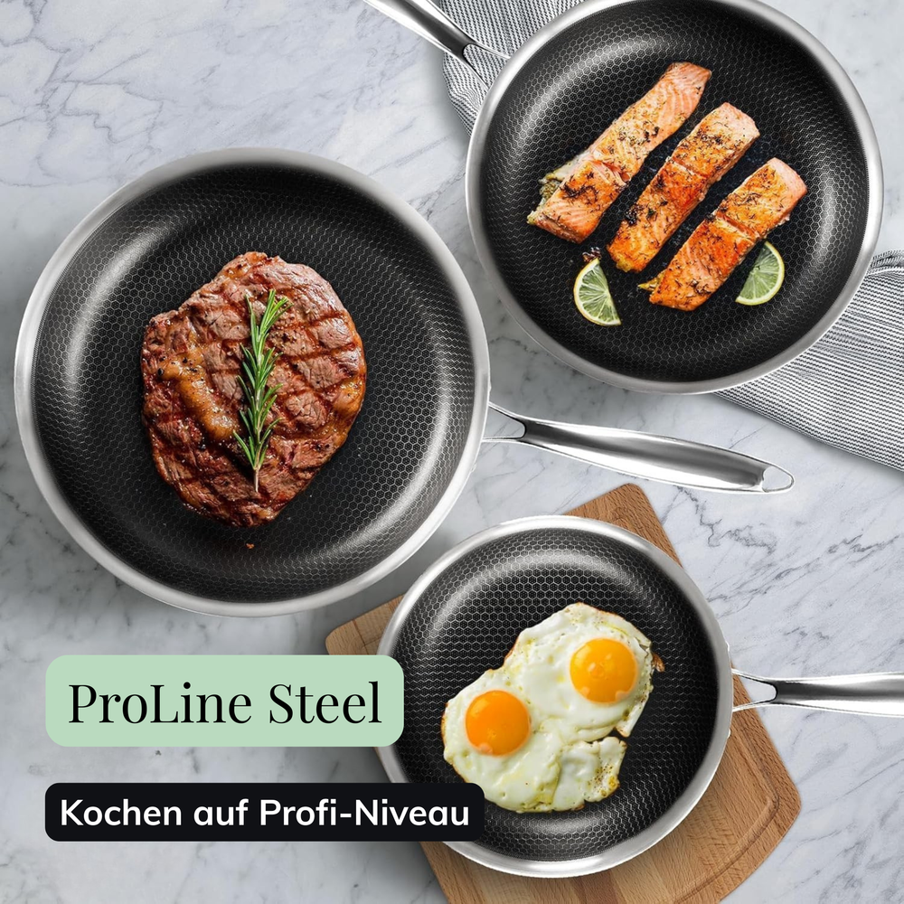 Poêles en inox ProLine Steel avec steak, saumon et œufs au plat