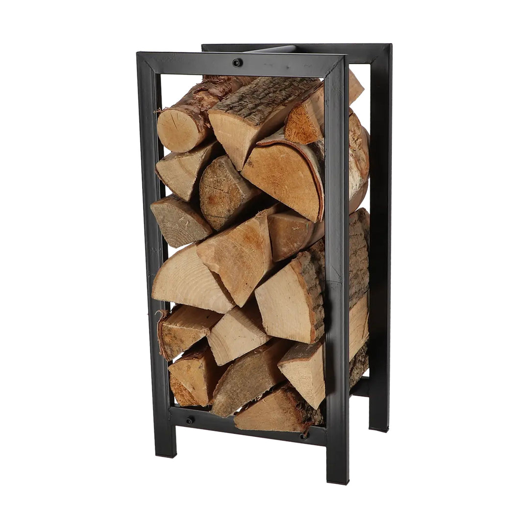 Esschert Design Holzlagerturm, befüllt mit Holzscheiten schräg von oben