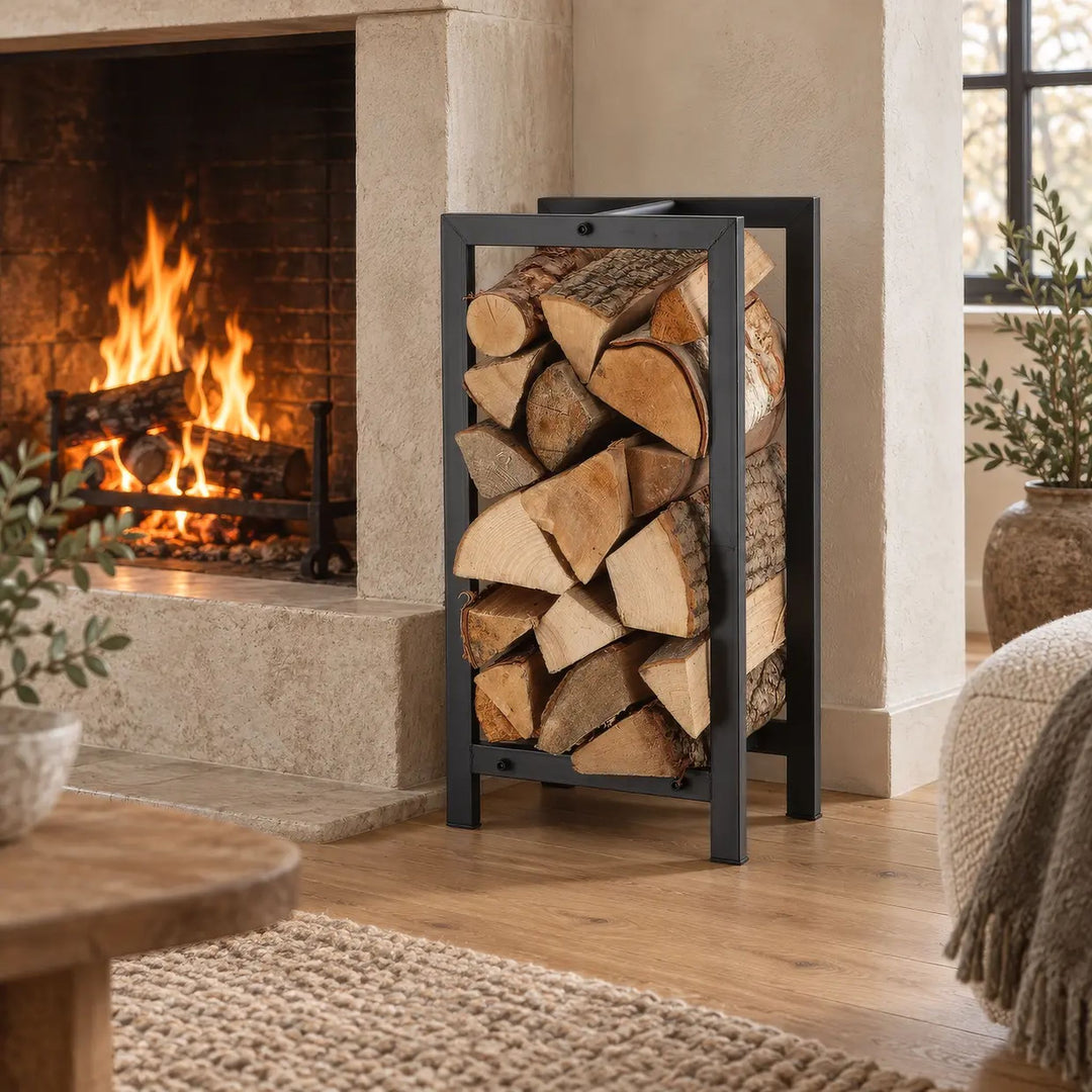 Esschert Design Holzlagerturm, befüllt neben dem Kamin