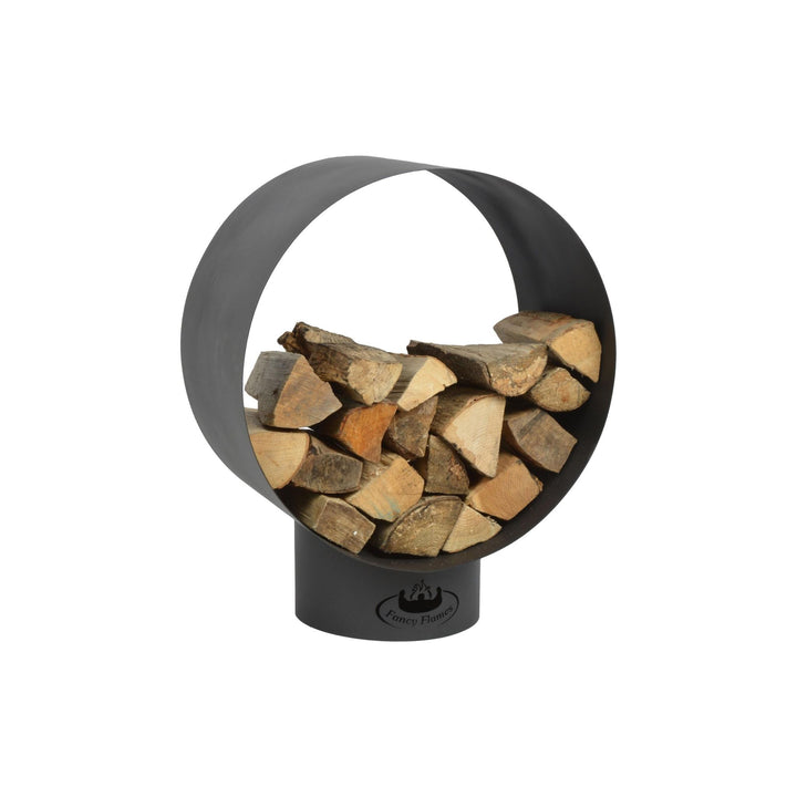 Esschert Design Holzregal rund, Schwarz, mit Kaminholz gefüllt