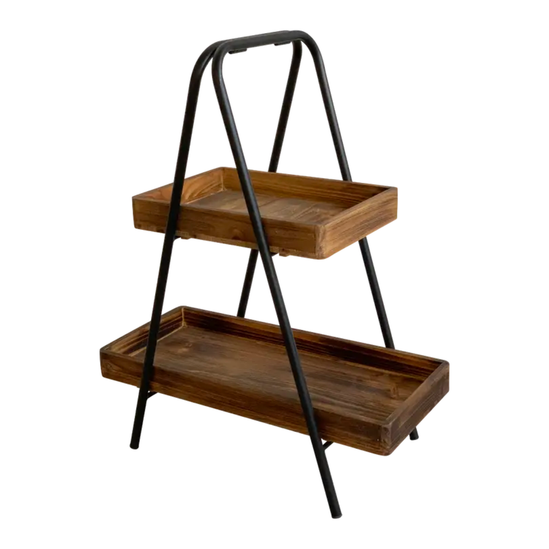 Étagère en bois avec structure en métal noir, 2 plateaux, vue de biais