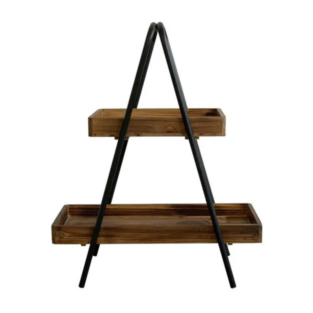 Zweistufige Etagere aus Naturholz mit schwarzem Metallgestell in seitlicher Ansicht