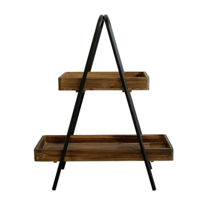 Zweistufige Etagere aus Naturholz mit schwarzem Metallgestell in seitlicher Ansicht