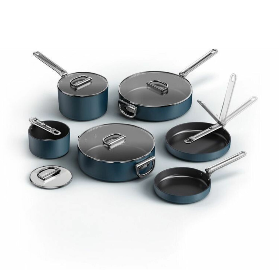 Joseph Joseph Space Topf Set 6 teilig mit klappbaren Griffen und Glasdeckeln in Blau