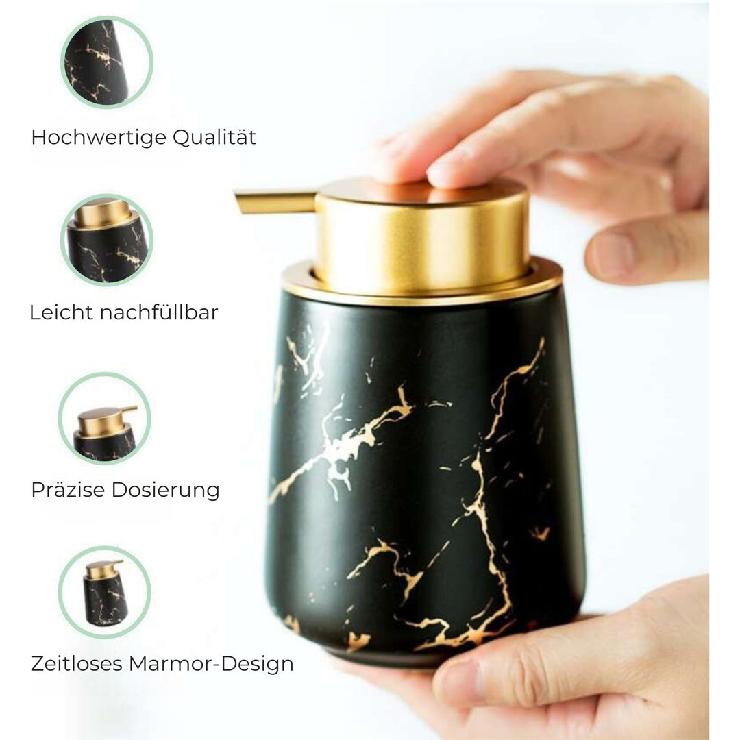 Keramik Seifenspender marmor schwarz mit goldener Pumpe präzise Dosierung Badezimmer