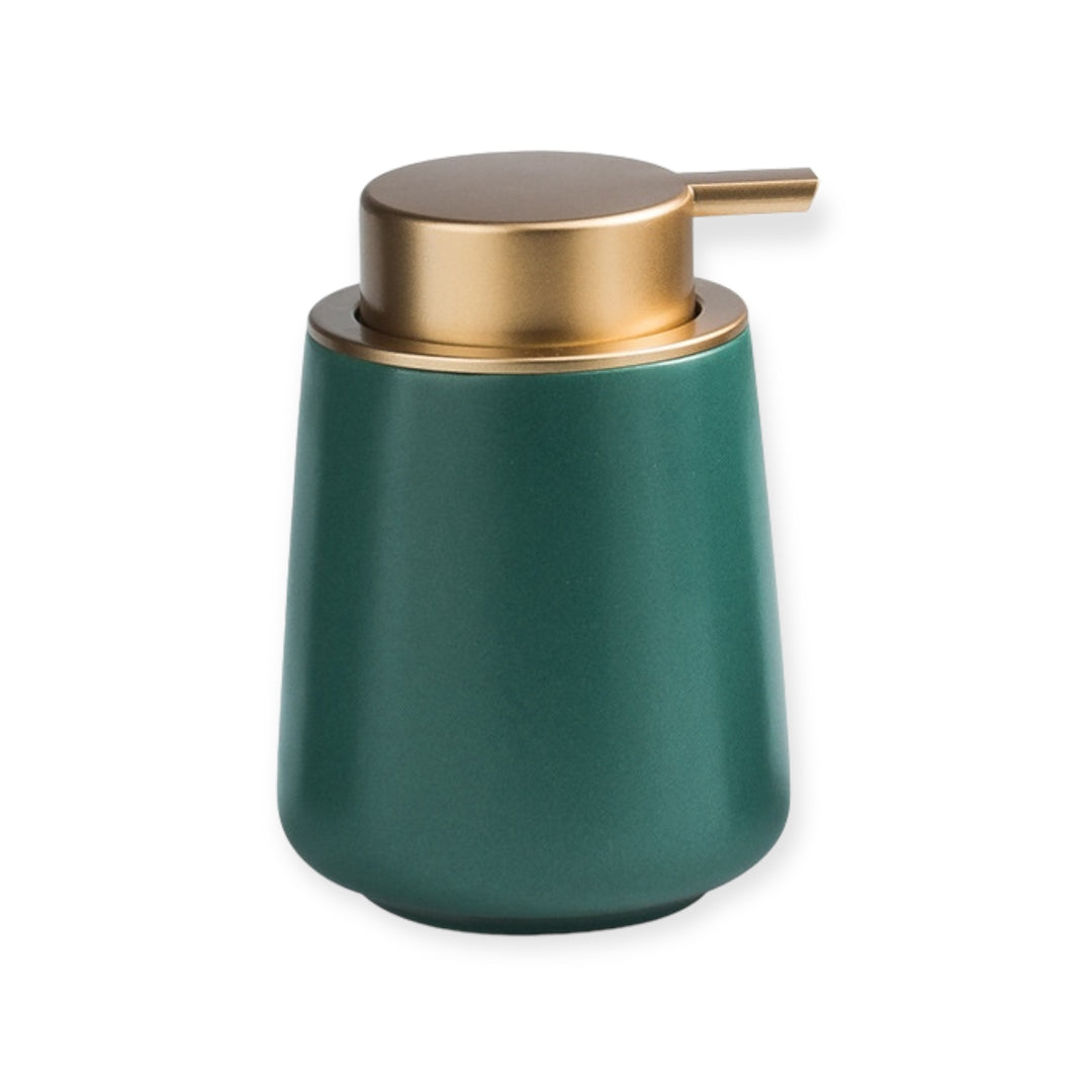 Keramik Seifenspender matt dunkelgruen 400 ml mit goldener Pumpe modernes Bad