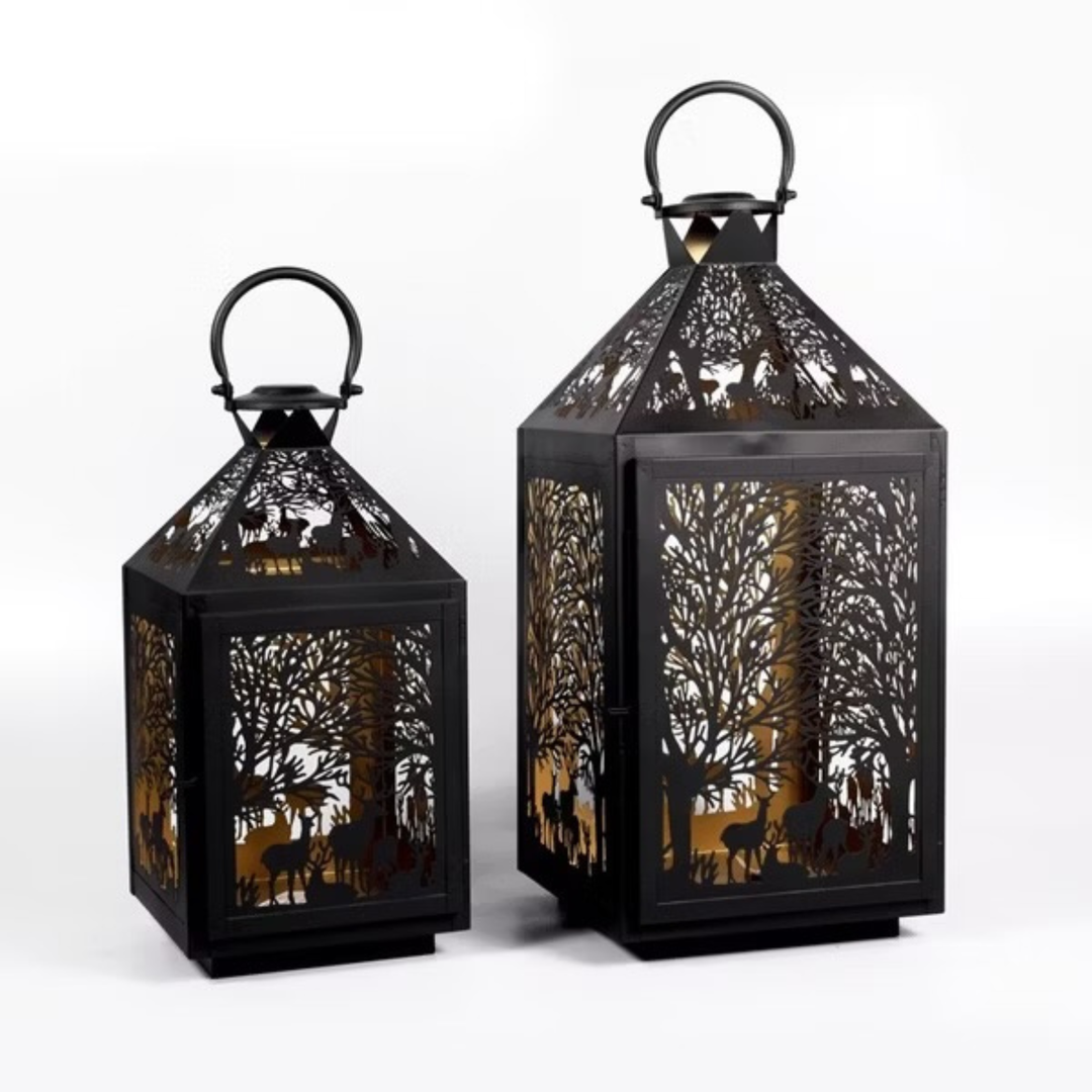 Laterne Forest 2er Set aus Metall in Schwarz-Gold mit detailreichem Scherenschnittmuster