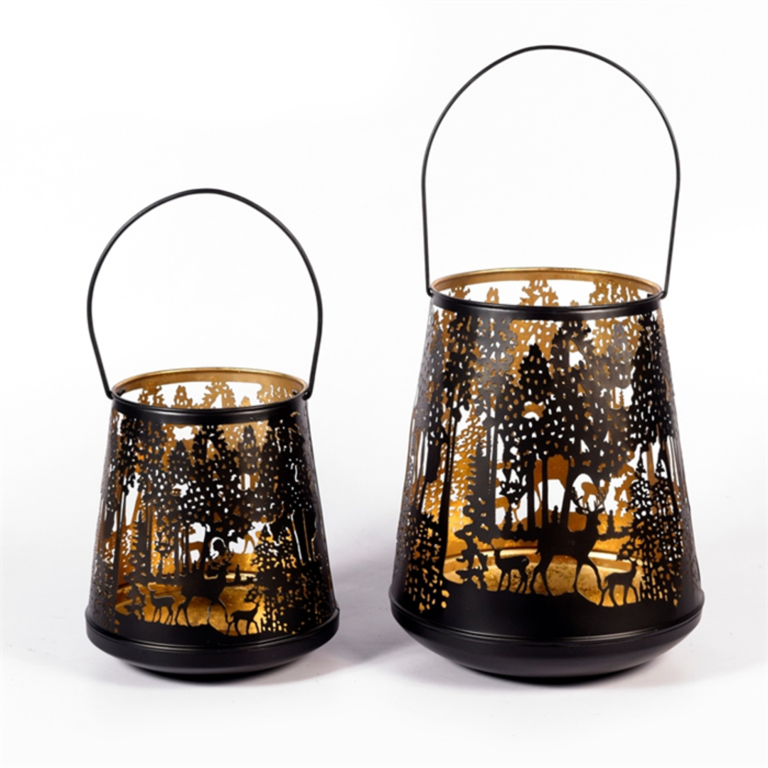 Metalllaterne Forest schwarz gold mit Hirschmotiv für Terrasse oder Balkon