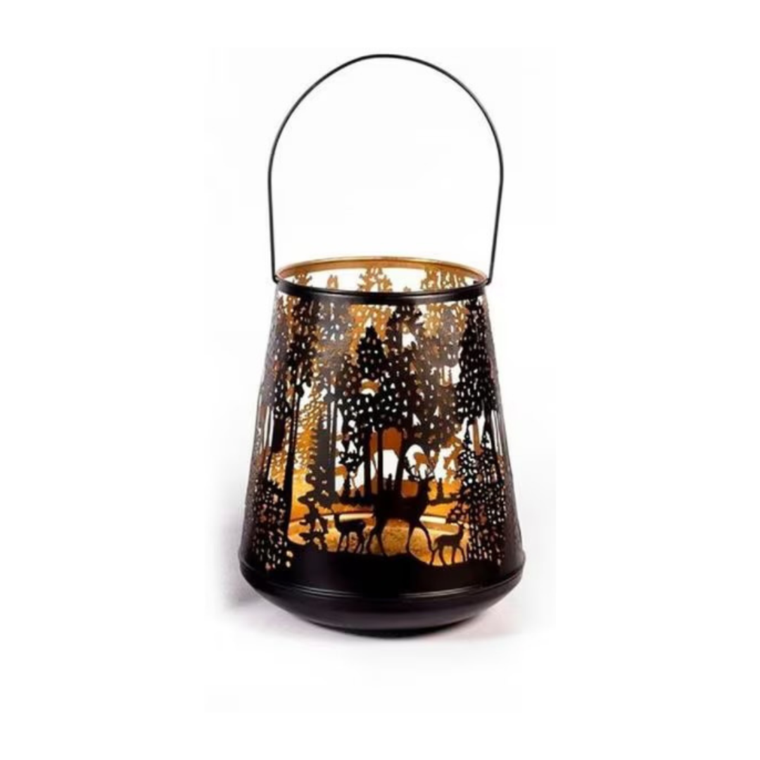 Schwarz goldene Metalllaterne mit Waldmotiv und Hirsch Scherenschnitt